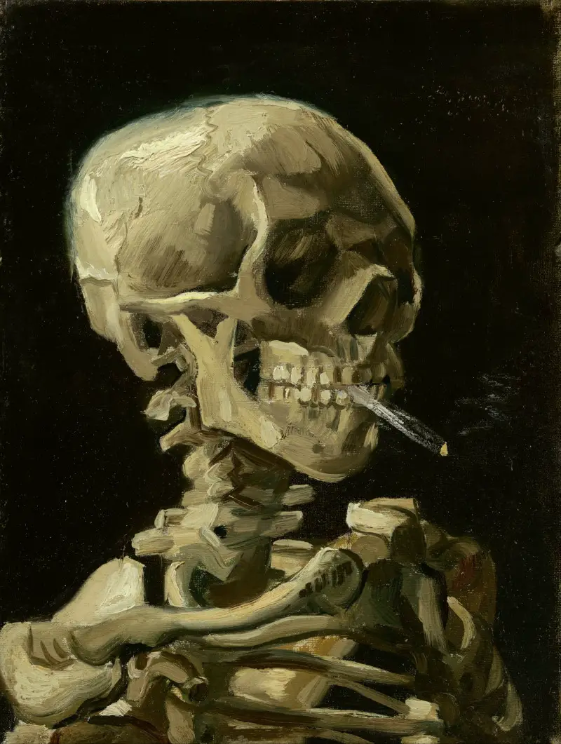 Crâne d'un squelette avec une cigarette allumée